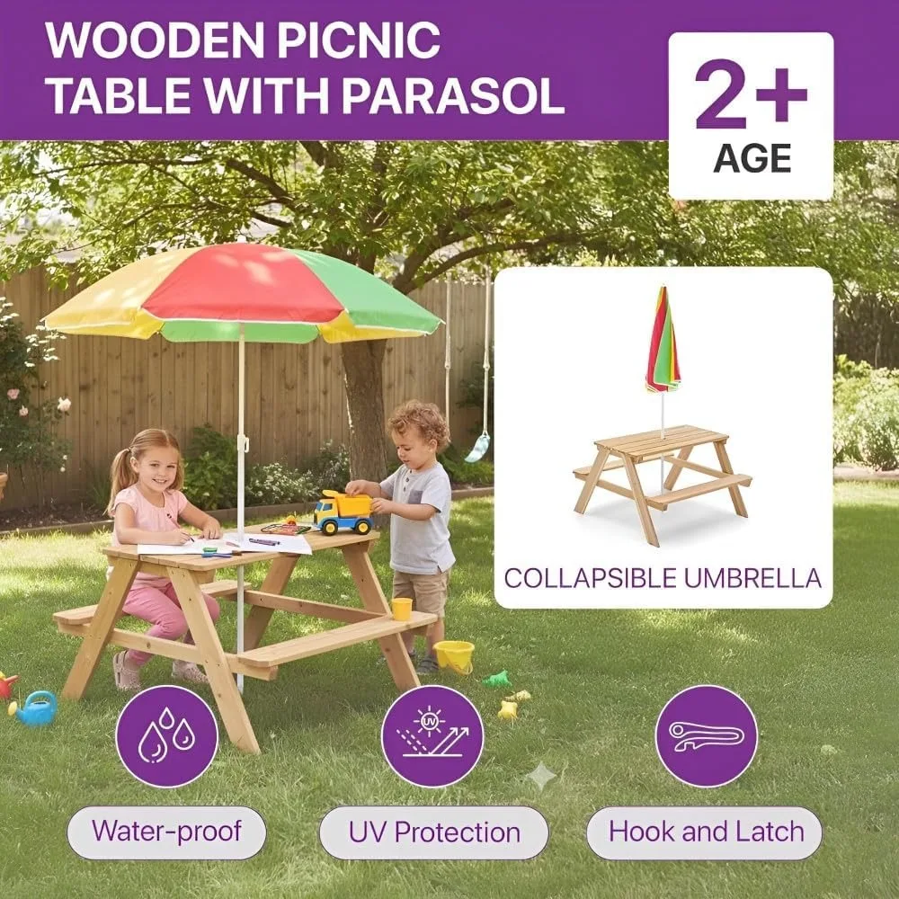 Wooden Kids Picnic Table Outdo - огляд і ціна Kids Outdoor Bench With Umbrella
